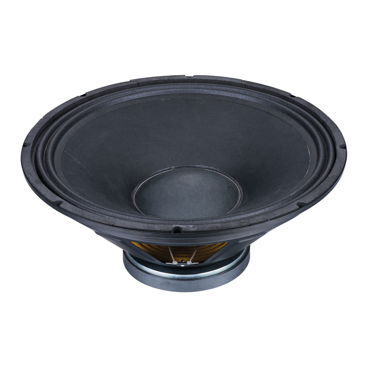 A black cone-shaped Citronic 18" Sub Driver with a metallic base is depicted, showcasing its design as part of the passive sub cabinets in the CASA series. The speaker features a visible coil at the back and is photographed from an angle that accentuates depth. It excels in delivering high energy sub frequencies with its efficient 8 Ohm low frequency drivers.