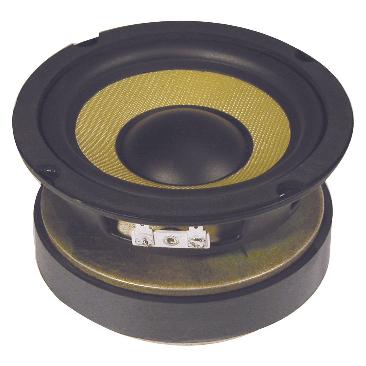 A close-up of the QTX 5.25" Woofer showcases its round design with a yellow aramid fibre cone and a black central dome. The speaker features a metallic base with exposed wiring connections, making it ideal for enhanced durability in woofers.