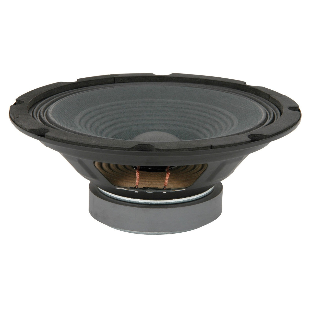A QTX 4 Ohm 8" Driver For QR8A (178.202UK) with a black and gray cone, featuring a visible copper coil, is displayed against a plain white background. This chassis speaker showcases its sleek construction with a round, ribbed design and metallic base.