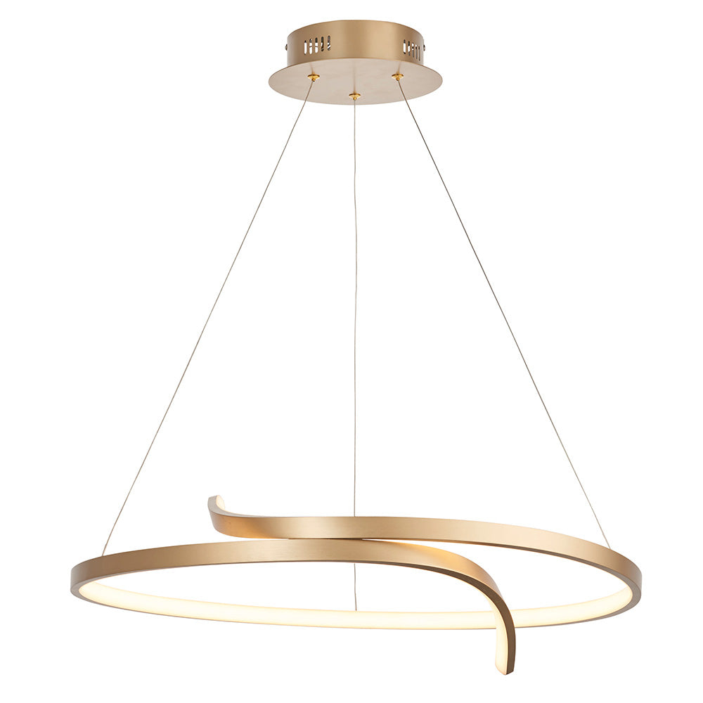 Endon Chartmont pendant light with a looped ring form in matt brushed gold, integrated LED diffuser, suspended from a circular ceiling plate.