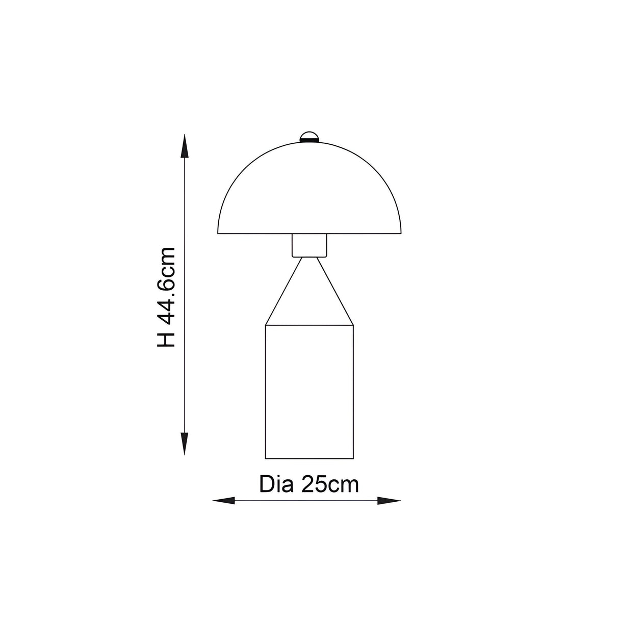 Line drawing of the Castford Table Lamp in antique brass, showing a dome shade on a tapered stem base, with dimensions H 44.6cm and Dia 25cm.