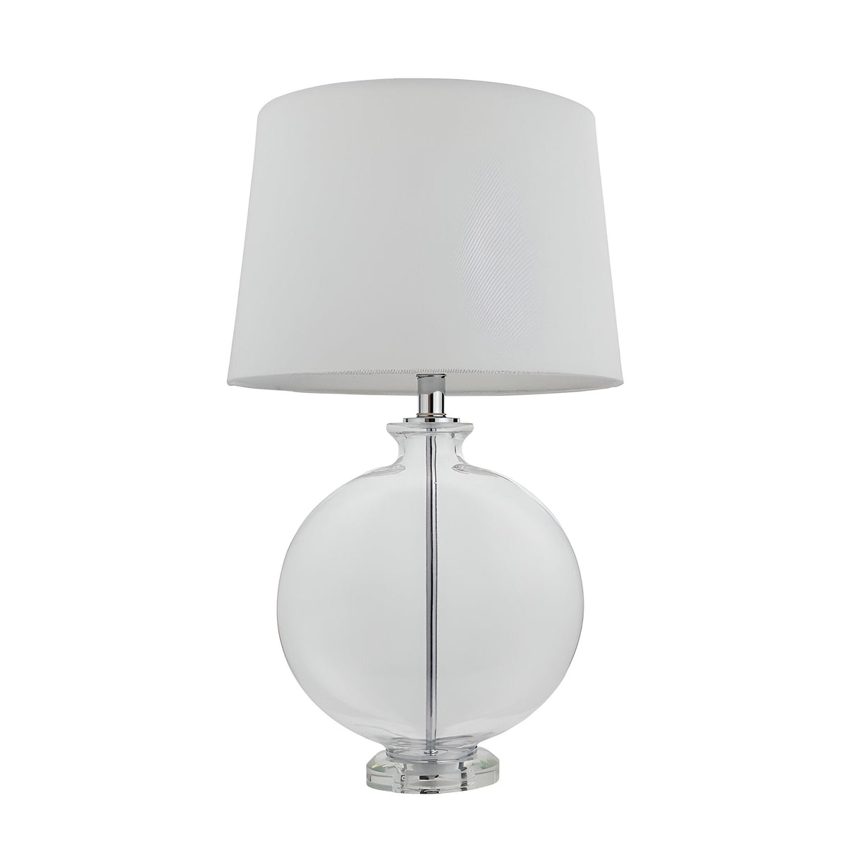 Endon Bramleigh table lamp with a clear glass ellipsoid base, polished nickel fittings, and tapered white shade on a plain background.