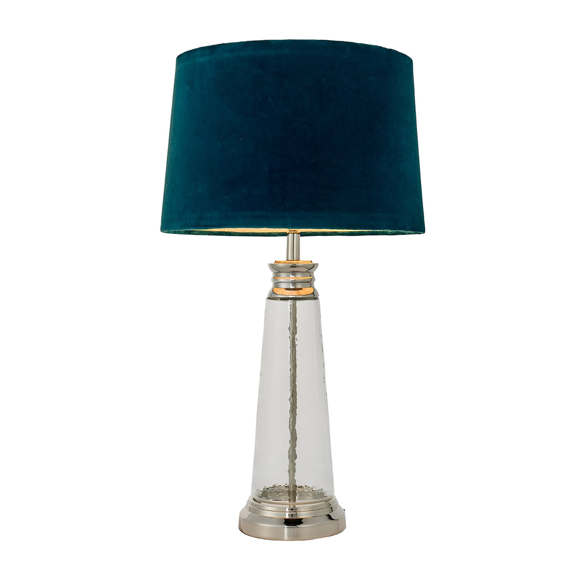 Endon Danehurst table lamp with clear hammered glass base, nickel plated metalwork and a teal velvet tapered shade, on a plain white background.