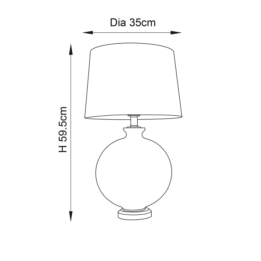 Endon Bramleigh table lamp technical diagram showing 59.5cm height and 35cm shade diameter, with tapered shade and glass ellipsoid base on white background.
