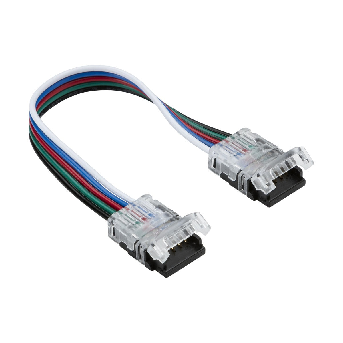 The 12V/24V LED Flex Strip To Strip Connector - RGBW is a multicolored ribbon cable with clear plastic connectors on both ends, featuring red, blue, green, black, and white wires. Its perfect for modular lighting systems and designed for LED strips or similar applications.