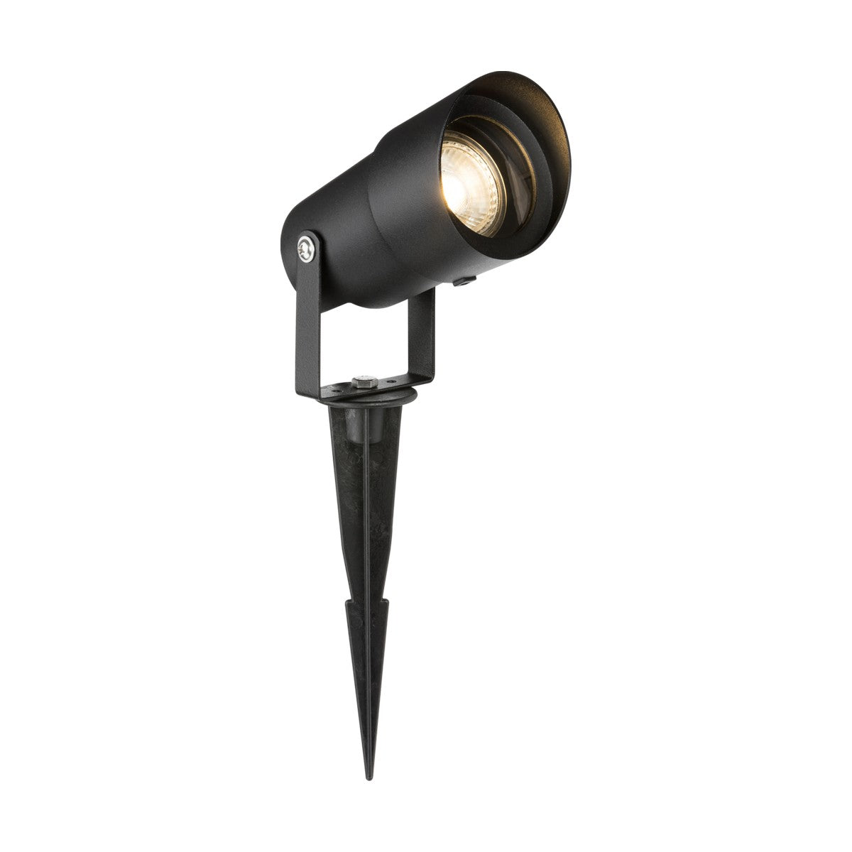 The IP65 GU10 Spike Light - Black comes with a cylindrical head and an adjustable mounting bracket. This spotlight is equipped with a pointed stake for effortless ground installation and is designed to emit a warm, focused beam, making it perfect for outdoor spaces when used with LED GU10 lamps.