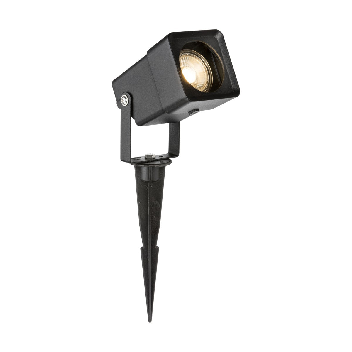 The IP65 GU10 Square Spike Light - Black features a square head on an adjustable bracket, designed for outdoor use with an integrated pointed stake for ground installation. Its IP65 rating ensures durability in various weather conditions. The LED lamps angle slightly downward to create an inviting ambiance in your garden.