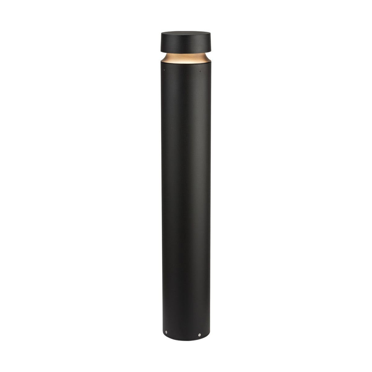 The 22W LED Bollard Light 100cm Black is a tall, cylindrical outdoor lamp post with a round, flat top and features 360° light output utilizing SMD LED technology, displayed against a white background.