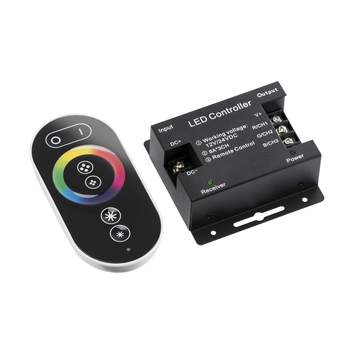 Image of the 12V/24V RF Controller & Touch Remote - RGB set, featuring a black remote with a circular color wheel for RGB adjustment and buttons, alongside a black rectangular control unit with input/output connections. The unit is marked with specifications such as voltage and touch panel control capability.