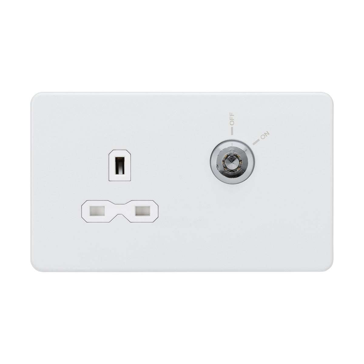 The 13A DP Key Lockable Socket (2 Gang Plate) in matt white offers a universal outlet with a key-operated ON/OFF switch, positioned right and screwless for modern aesthetics.