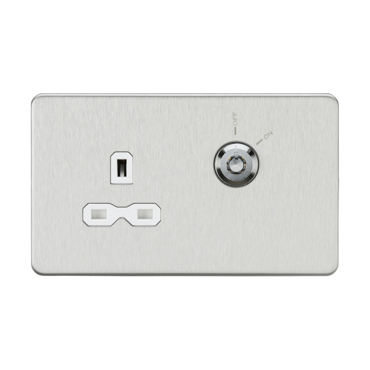 13A DP Key Lockable Socket (2 Gang Plate) - Brushed Chrome (White Insert, Screwless)