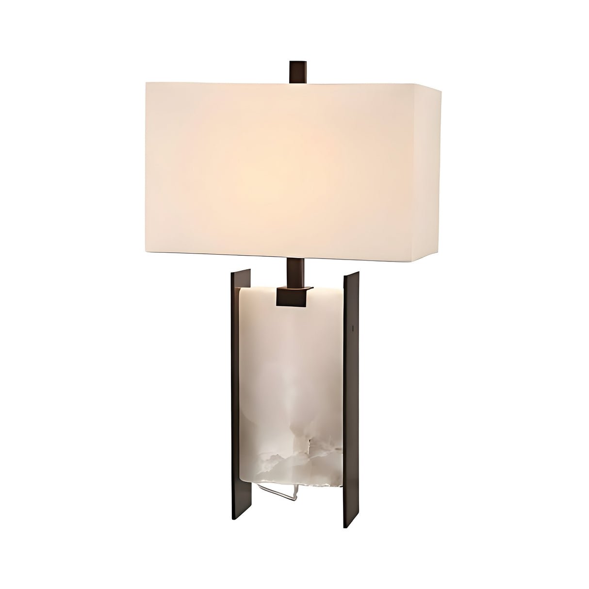 The Valcera 1 Light Framed Vertical Alabaster Table Lamp in black and soft white features a modern dark metal frame, rectangular alabaster shade, and a frosted glass panel, set against a white background.