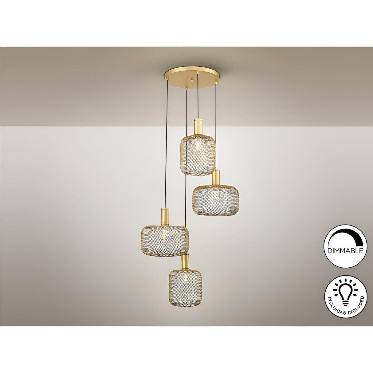 Osiris 4 Light Metal Mesh Cluster Pendant Light - Gold