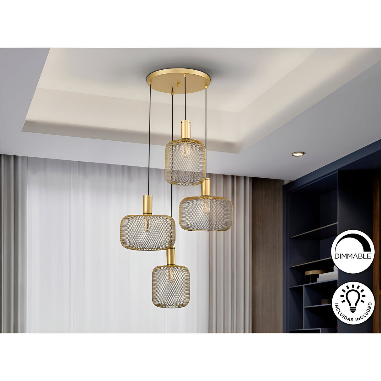 Osiris 4 Light Metal Mesh Cluster Pendant Light - Gold
