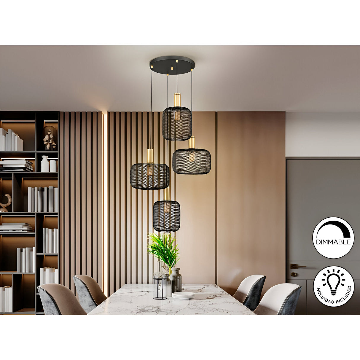 Osiris 4 Light Metal Mesh Cluster Pendant Light - Gold/Black