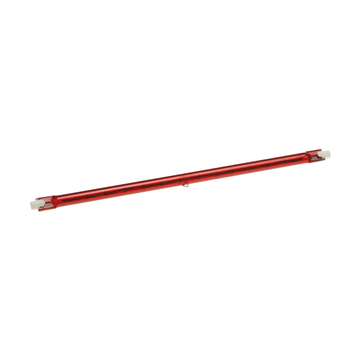 A 1300W Quartz Heater Tube with red cylindrical design and white end caps, featuring a tungsten filament for use in lighting fixtures, isolated on a white background.