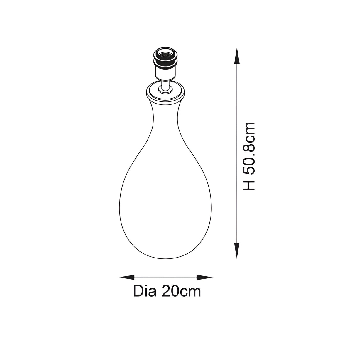 Line drawing of the Carldale Table Lamp base showing curved hourglass glass body, E27 fitting, H 50.8cm, Dia 20cm dimensions on a white background.