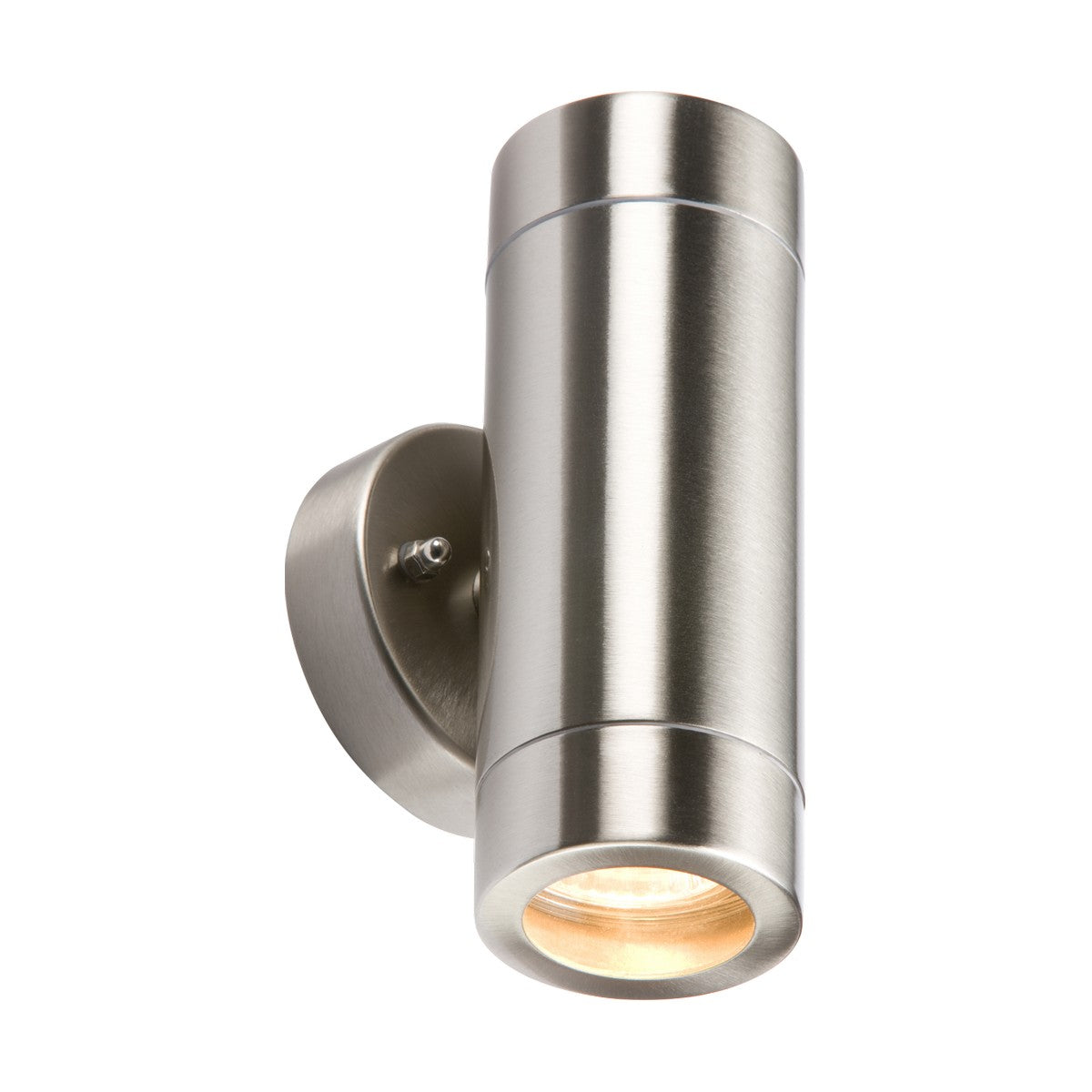 The Outdoor Lightweight Up & Down Wall Light - Stainless Steel is a sleek, modern cylindrical fixture in brushed stainless steel, mounted on a circular base. It features GU10 lamp compatibility and two light openings, providing illumination both upwards and downwards.