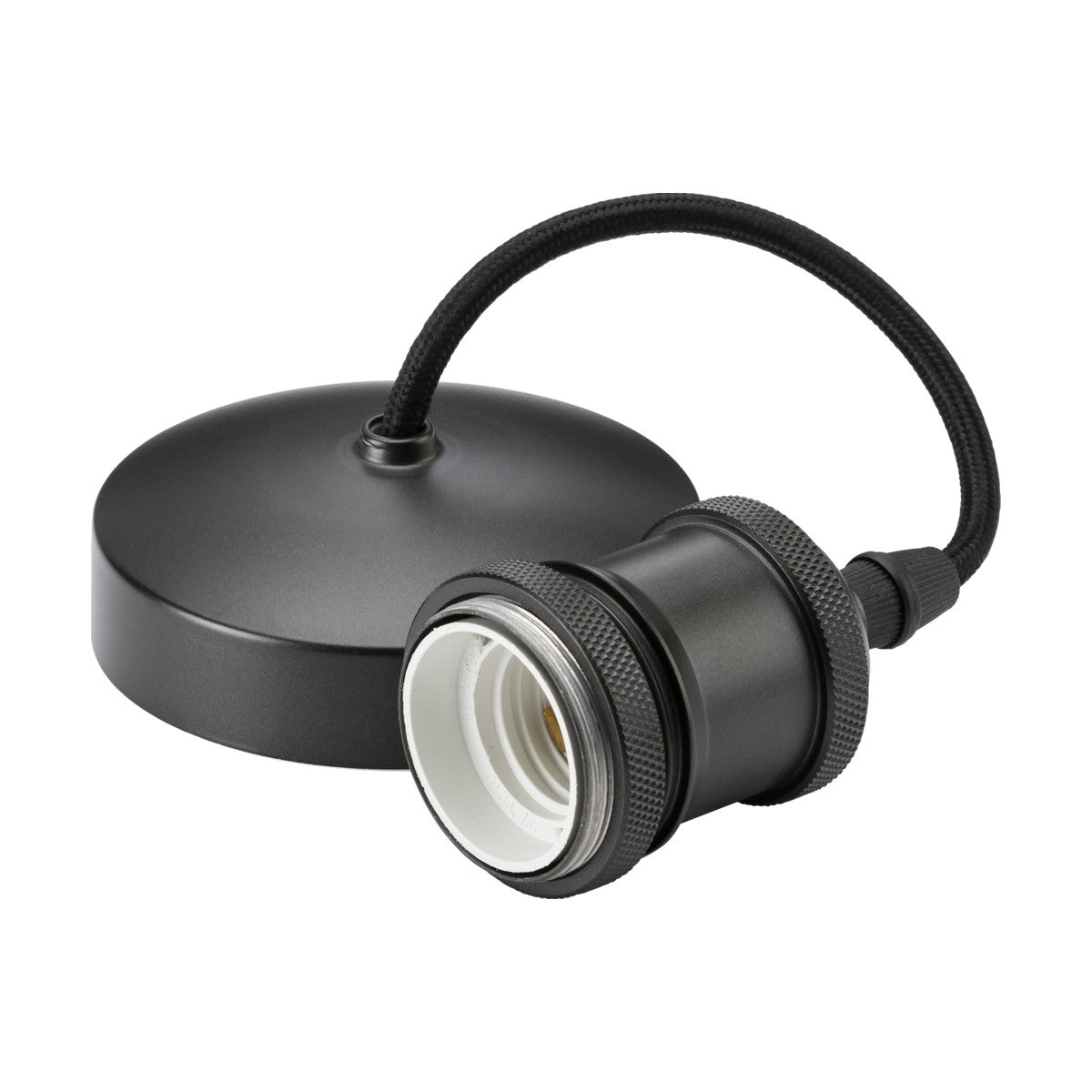 Introducing the 6" ES Vintage Pendant Set - Smoked Bronze: a black pendant light fixture boasting an exposed bulb socket and flexible cord. This elegant piece features a vintage style metal design and a sophisticated smoked bronze finish. Its black round ceiling mount perfectly complements its minimalist and industrial charm.