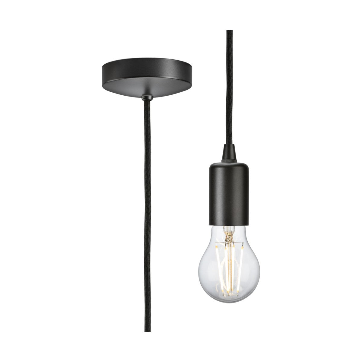 The 1.8m ES Contemporary Pendant Set - Smoked Bronze is a minimalist metal pendant lamp that highlights a visible filament bulb, complete with a black circular ceiling mount and an E27 lamp base connected by a cord. Its design embodies simplicity and modernity.