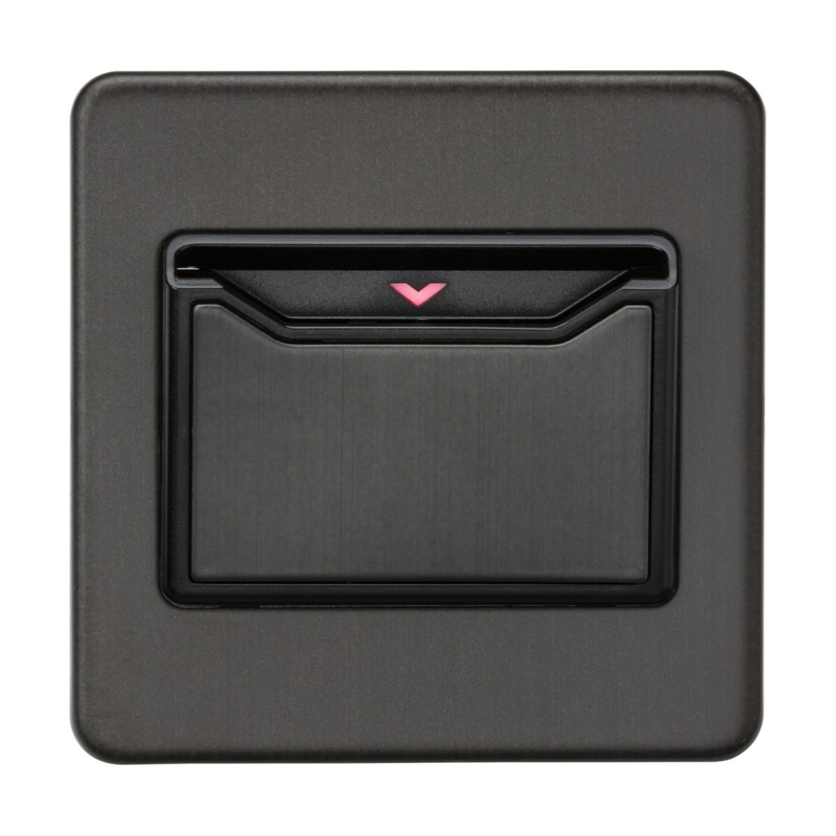 A smoked bronze, square-shaped electronic device with a slightly recessed center panel and a small red arrow at the top. The screwless design is sleek and modern, featuring clean lines and a matte finish, making it ideal for key card activation in hotel room power switches.
