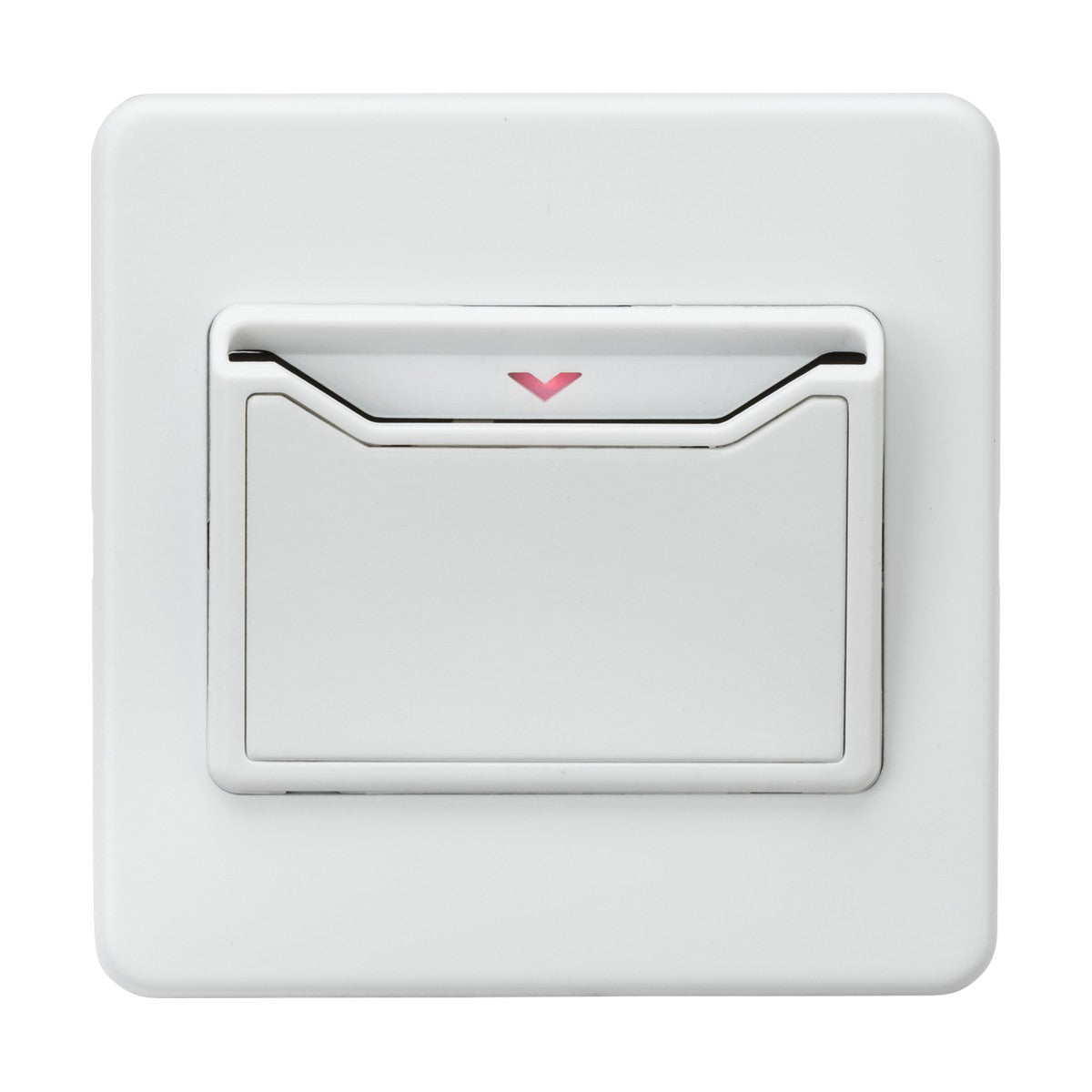 The 32A 1 Gang Key Card Switch - Matt White, showcasing a screwless low-profile design and adorned with a small red arrow indicator at the top center, is slightly tilted in the off position. Set against a plain white background, it resembles a hotel room power activation setup.