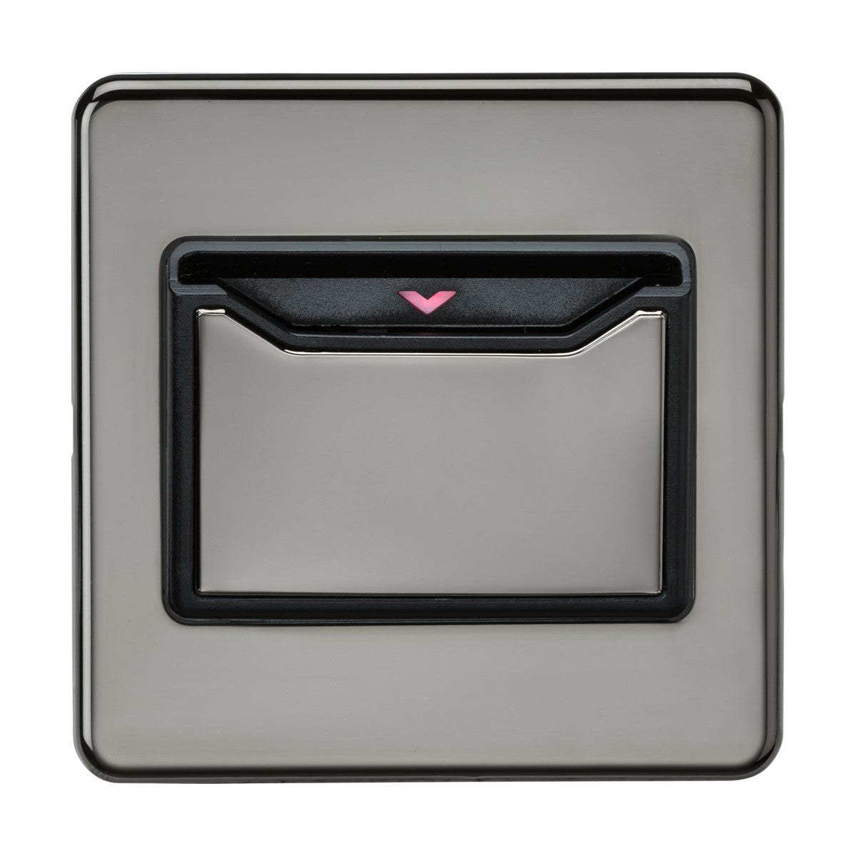The 32A 1 Gang Key Card Switch - Black Nickel features a square metallic design with a sleek, modern appearance. It has a black frame and includes a small pink triangle indicator perfectly positioned at the top center. This screwless metal switch is reminiscent of the sophisticated power switches typically seen in luxury hotel rooms, offering an elegant and centered touch to any space.