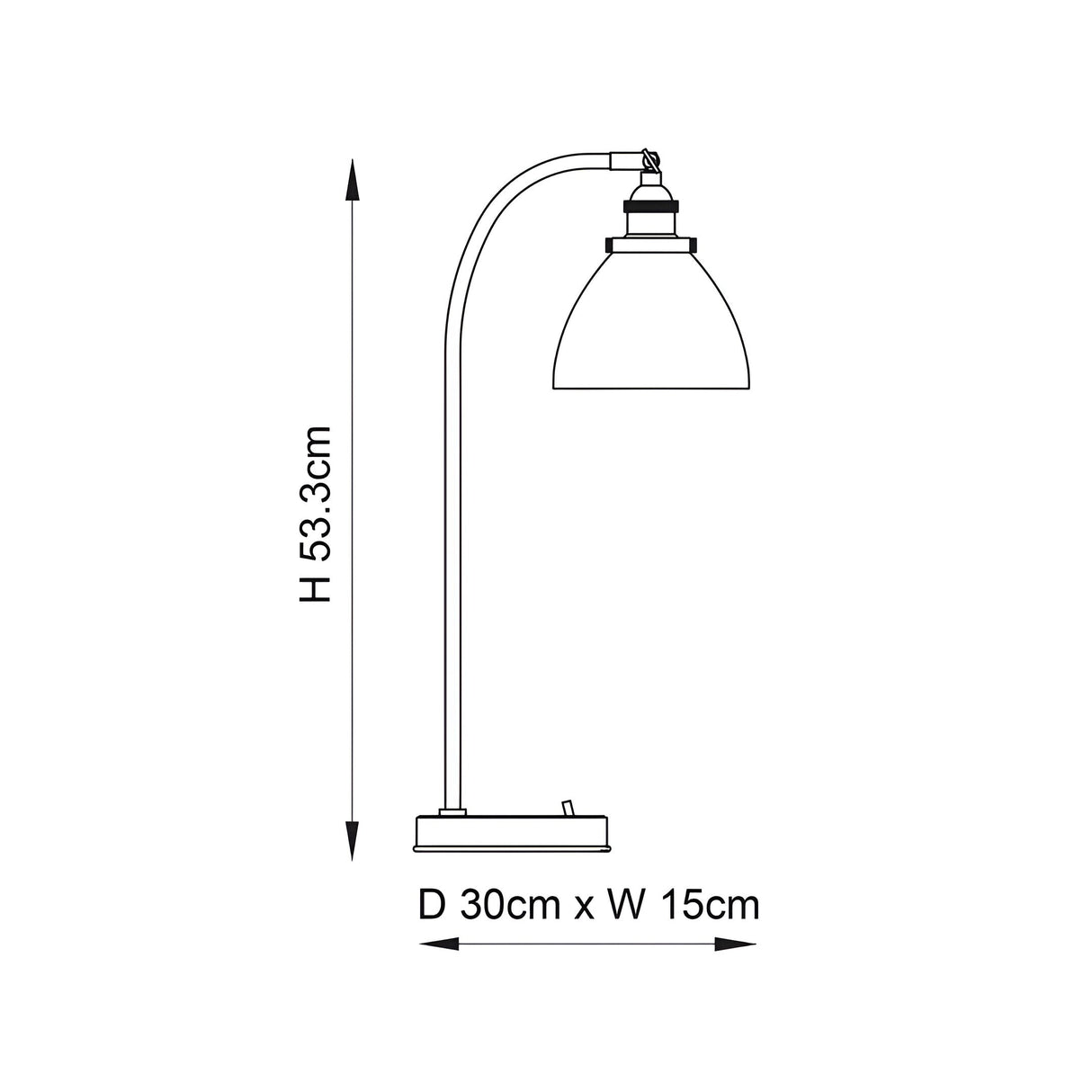 Endon Wentworth silver industrial table lamp dimension diagram showing 53.3cm height and 30cm by 15cm base with arched arm and domed shade.