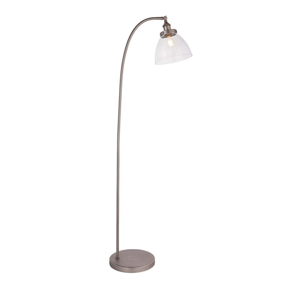 Endon Wentworth arched floor lamp in brushed silver with knurled lamp holder and clear glass dome shade on a round base, shown against a white background.