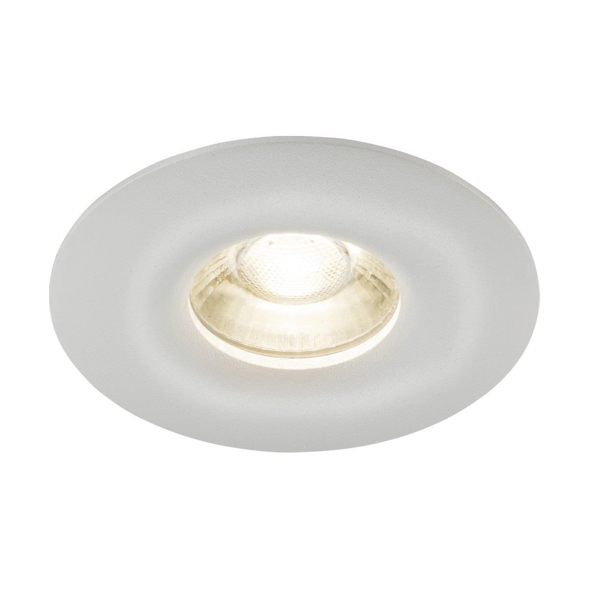 The Odina Single Dimmable Fixed Round Downlight - White is an aluminium light fixture featuring a central GU10 LED bulb, encased in a reflective interior. It provides subtle and efficient room lighting from above, with its white recessed design and smooth-edged round trim.