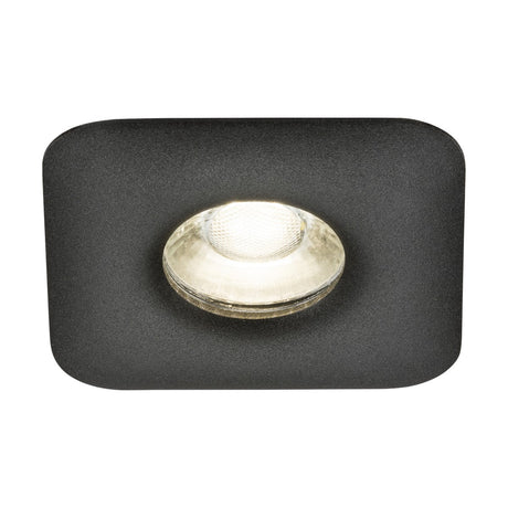 The Odina Single Dimmable Fixed Square Downlight in black from the Knightsbridge range offers a sophisticated design with a circular LED bulb set in a reflective silver bezel, providing bright white light. Made from die-cast aluminum, this downlight is compatible with GU10 LED lamps, allowing for versatile lighting options.