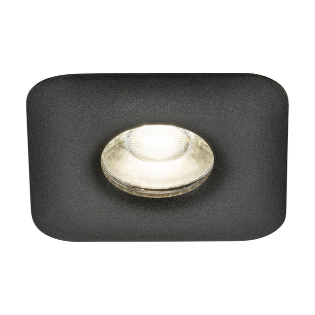 The Odina Single Dimmable Fixed Square Downlight in black from the Knightsbridge range offers a sophisticated design with a circular LED bulb set in a reflective silver bezel, providing bright white light. Made from die-cast aluminum, this downlight is compatible with GU10 LED lamps, allowing for versatile lighting options.