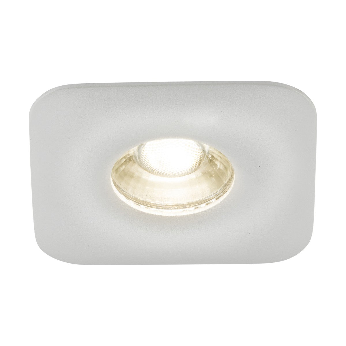 The Odina Single Dimmable Fixed Square Downlight in white features a central glowing bulb, crafted from durable die-cast aluminium and compatible with GU10 LED for efficient illumination.
