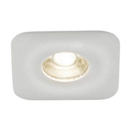 The Odina Single Dimmable Fixed Square Downlight in white features a central glowing bulb, crafted from durable die-cast aluminium and compatible with GU10 LED for efficient illumination.