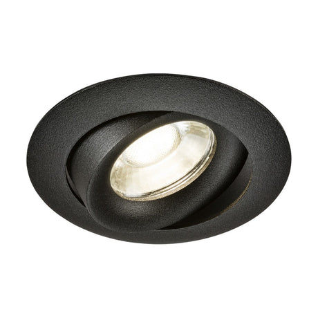 Introducing the Odina Single Dimmable Tilt Round Downlight in Black, a sophisticated recessed ceiling light fixture with a circular design and exposed central bulb. Crafted from durable die-cast aluminum, this piece is part of the Knightsbridge range and offers a swiveling feature for directional lighting. It is compatible with GU10 LED lamps for versatile illumination options.