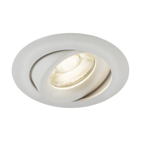 Close-up of the Odina Single Dimmable Tilt Round Downlight in white, showcasing its modern recessed design with a swiveling mechanism, die-cast aluminium construction, and a circular trim encasing GU10 light sources.