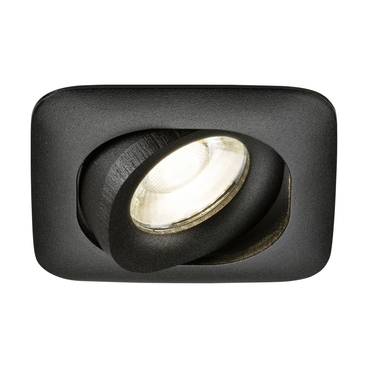 The Odina Single Dimmable Tilt Square Downlight in black is a recessed ceiling light fixture made from die-cast aluminum. It features a swiveling spotlight in the center, making it an ideal modern solution for directional lighting with GU10 light sources in various settings.