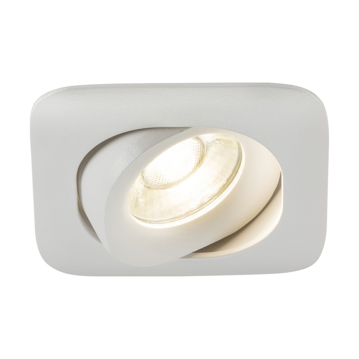 The Odina Single Dimmable Tilt Square Downlight in white features a die-cast aluminum frame and an adjustable bulb, offering a modern, minimalist lighting solution that effortlessly lets you change the light direction, making it ideal for contemporary interiors.
