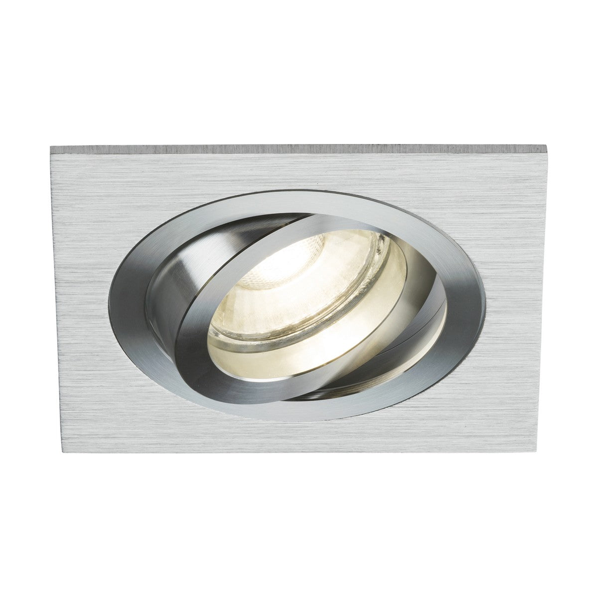 The Ambar Single Tilt Square Downlight in brushed chrome is a recessed ceiling fixture with a circular, adjustable spotlight at its center. It utilizes GU10 light sources to provide a gentle illumination. The downlight's elegant, contemporary design brings sophisticated architectural lighting to any environment.