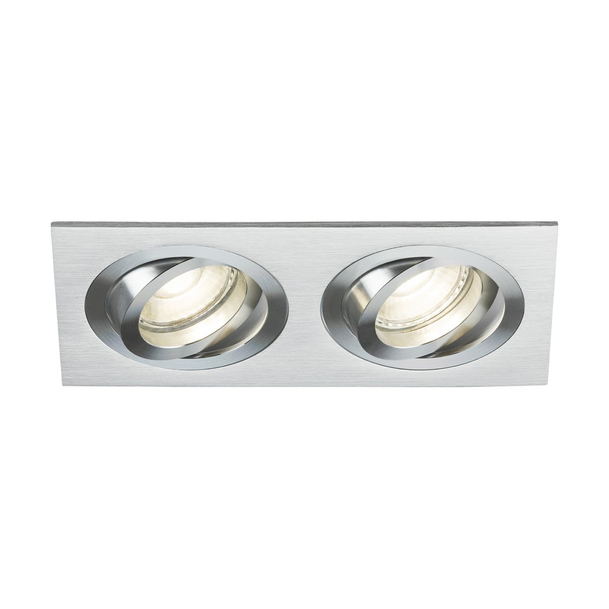The Ambar Twin Tilt Square Downlight in brushed chrome is a rectangular recessed ceiling light fixture featuring two circular adjustable spotlights, making it an ideal addition to architectural lighting. This piece brings sophistication and versatility to any modern interior.