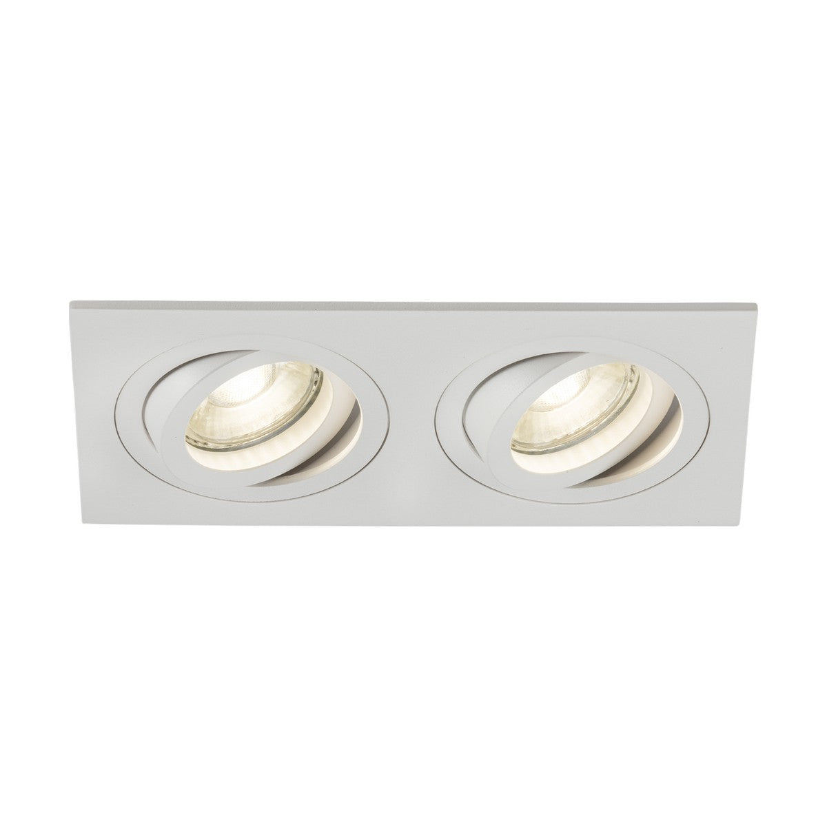 The Ambar Twin Tilt Square Downlight in white is a ceiling spotlight fixture with two adjustable lights, ideal for modern or contemporary interiors and perfect for architectural lighting.