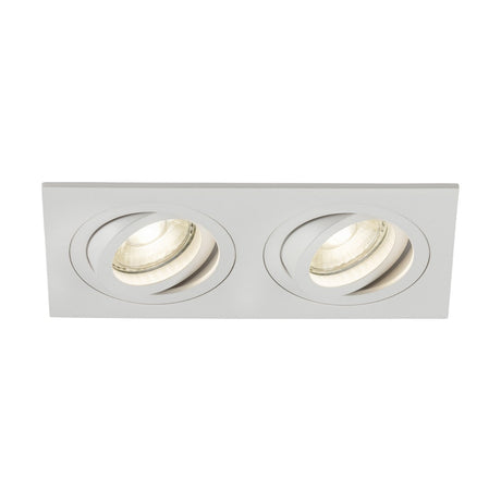 The Ambar Twin Tilt Square Downlight in white is a ceiling spotlight fixture with two adjustable lights, ideal for modern or contemporary interiors and perfect for architectural lighting.
