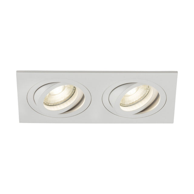 The Ambar Twin Tilt Square Downlight in white is a ceiling spotlight fixture with two adjustable lights, ideal for modern or contemporary interiors and perfect for architectural lighting.