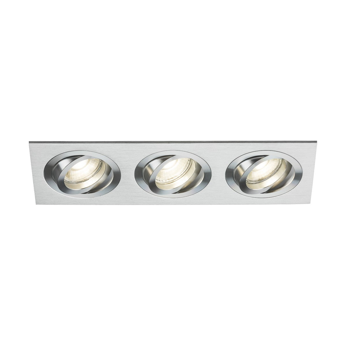 The Ambar Tri Tilt Square Downlight in Brushed Chrome is a rectangular metallic ceiling fixture with three circular, adjustable recessed lights. Each light is perfectly centered in its slot, offering a sleek and modern design that enhances architectural lighting requirements. It is ideal for those looking for Knightsbridge GU10 compatibility.