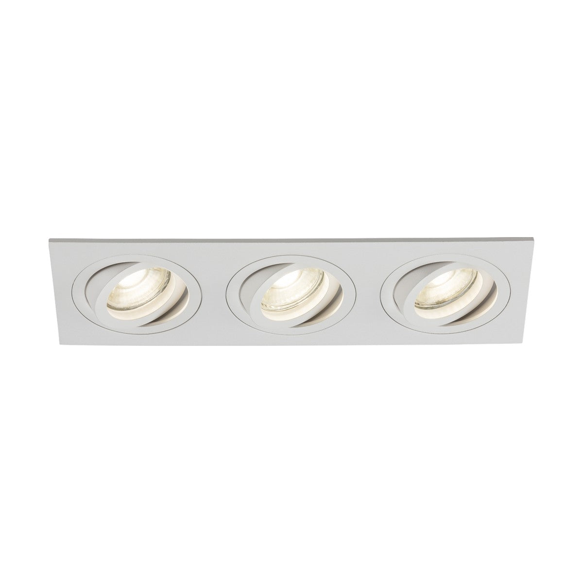 The Ambar Tri Tilt Square Downlight - White is a rectangular ceiling light fixture featuring three adjustable spotlights arranged in a row within a sleek white frame. Designed with GU10 light sources, it provides versatile lighting for any room.