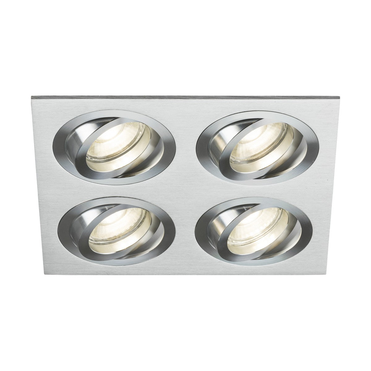 The Ambar Quad Tilt Square Downlight in brushed chrome is a square ceiling light fixture featuring four adjustable round spotlights. Each is set into the metal panel at an angle to provide optimal lighting. With its modern, sleek design, this fixture enhances any space elegantly.