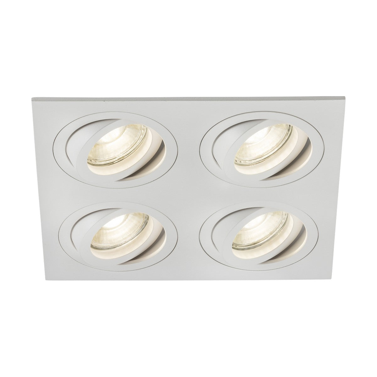 The Ambar Quad Tilt Square Downlight in white features four recessed downlights arranged in a square grid, each housed within a circular design. These Knightsbridge GU10 spotlights offer adjustable lighting for focused illumination.