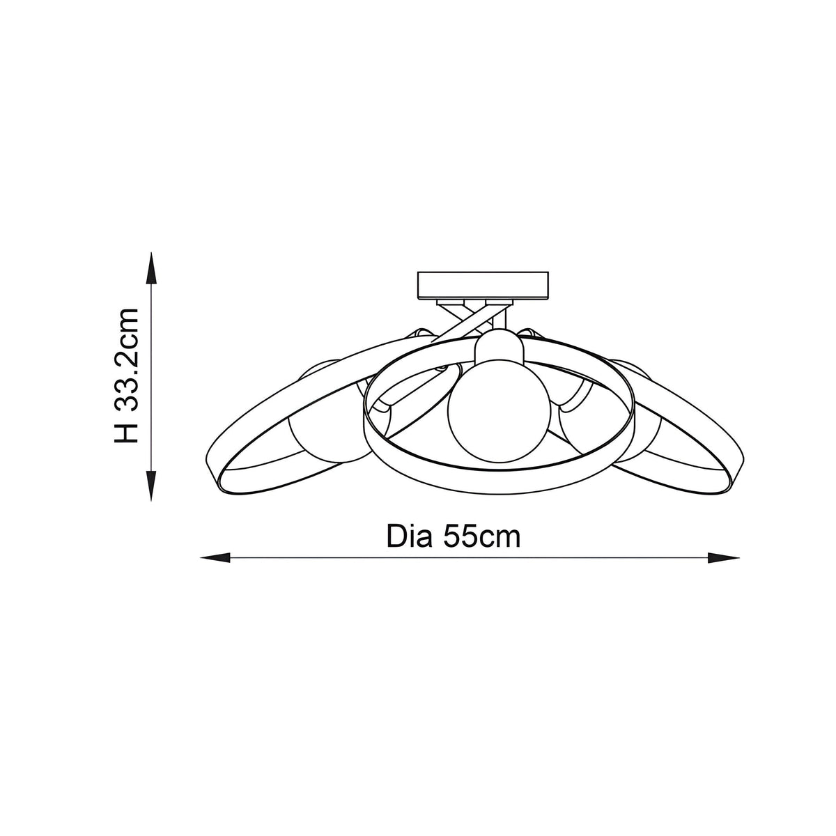 Dimension diagram of the Endon Brenmere 6 light pendant showing a 55cm diameter and 33.2cm height on a plain white background.