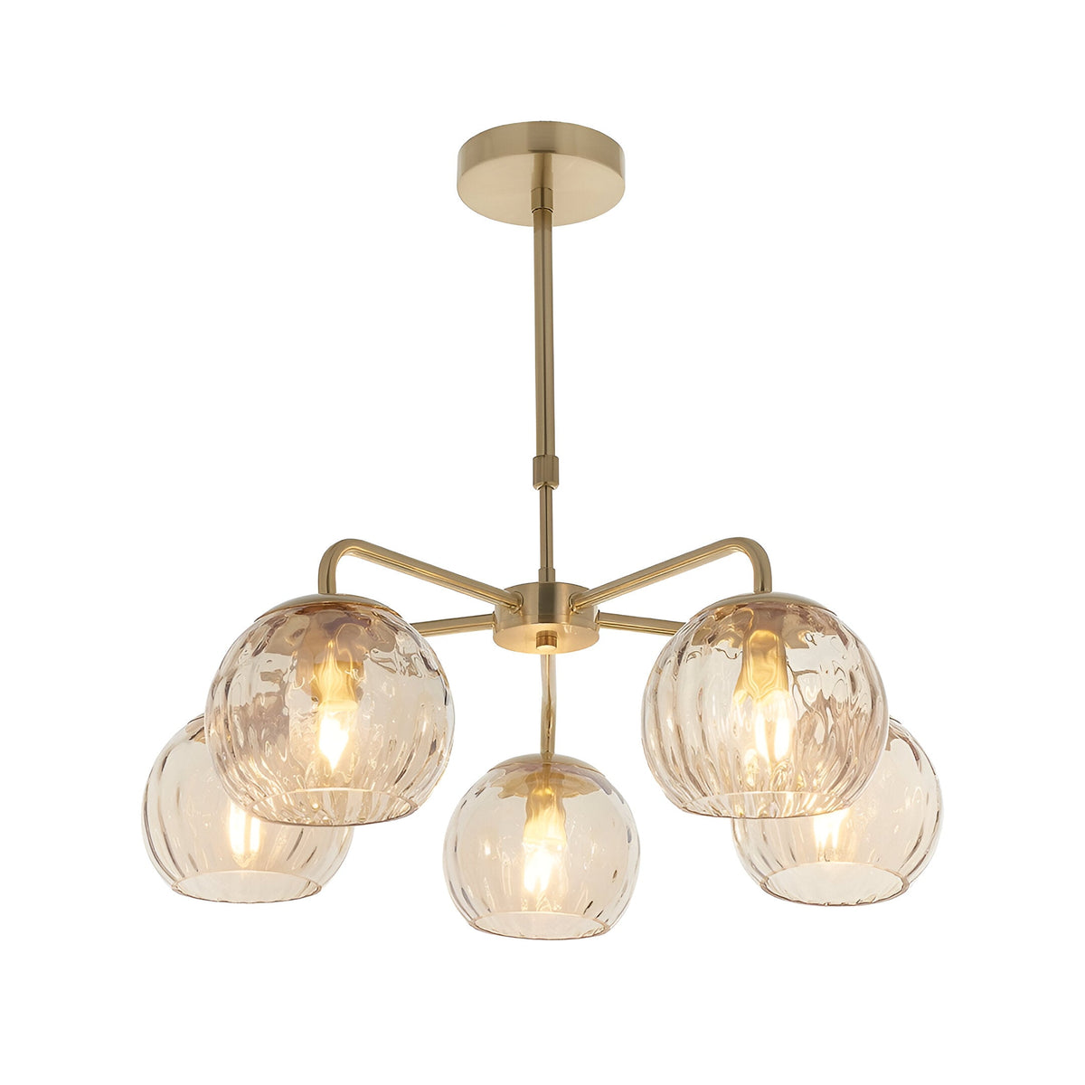 Endon Draycott 5 light pendant with dimpled champagne glass globe shades on satin brass arms and rod, shown on a plain white background.