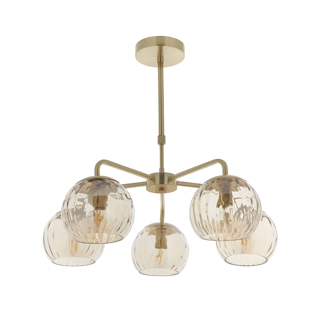 Endon Draycott 5 light pendant with champagne dimpled glass globe shades on satin brass arms and ceiling rod, shown on a plain white background.